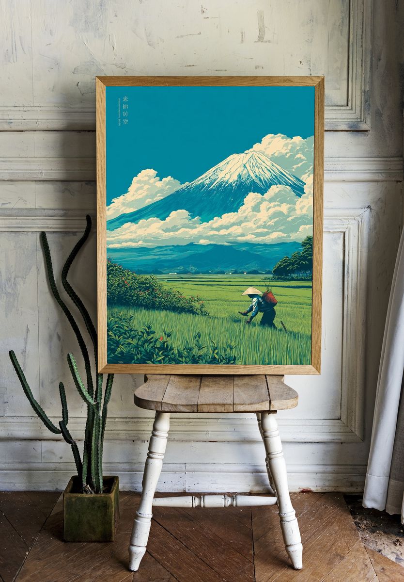 Mount Fuji Rice Field Illustration Poster room preview