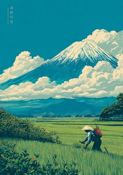 Mount Fuji Rice Field Illustration Poster. poster