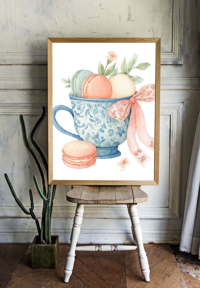 Macarons in Floral Cup — Watercolor Print room preview
