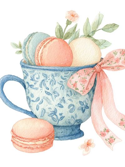 Macarons in Floral Cup — Watercolor Print. poster print