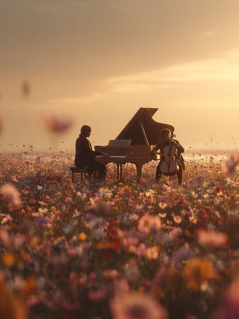Musicians in a Flower Field — Photography Print. poster — photography art