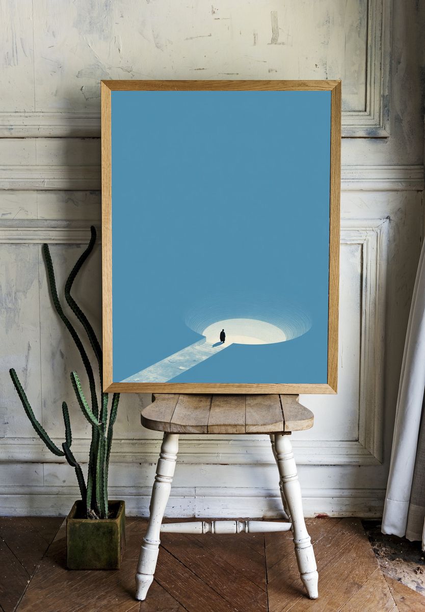Solitary Figure in Blue — Minimalist Print. — room view 1