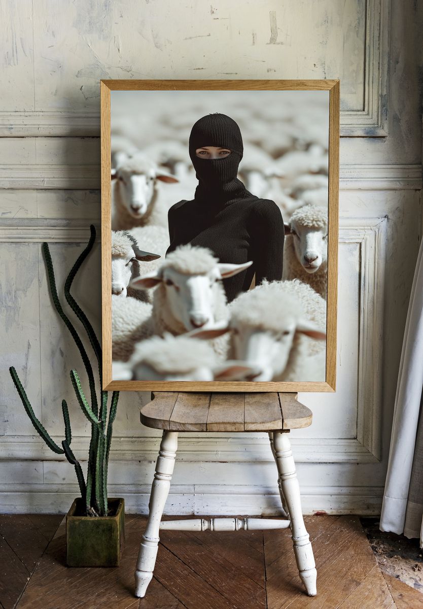 Mysterious Figure Among Sheep — Photography Print. — room view 1