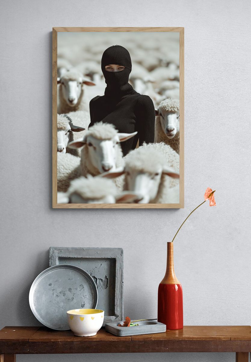 Mysterious Figure Among Sheep — Photography Print. — room view 3