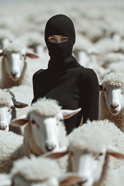Mysterious Figure Among Sheep — Photography Print. poster print