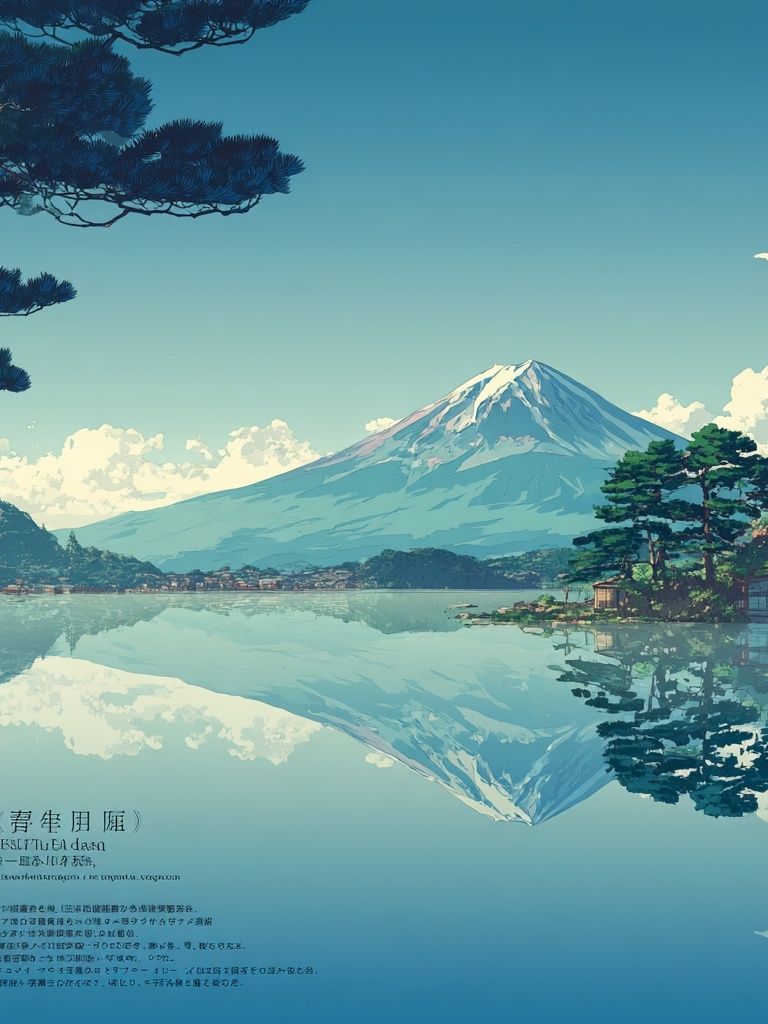 Mount Fuji Lake Reflection Illustration Poster. poster — illustration art