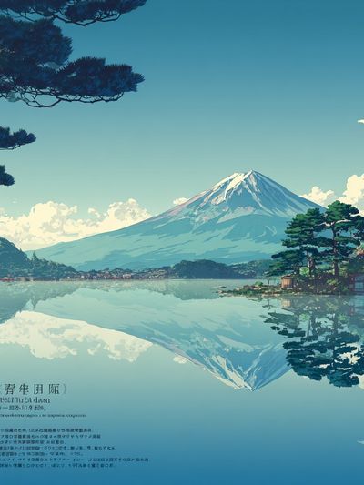 Mount Fuji Lake Reflection Illustration Poster. poster