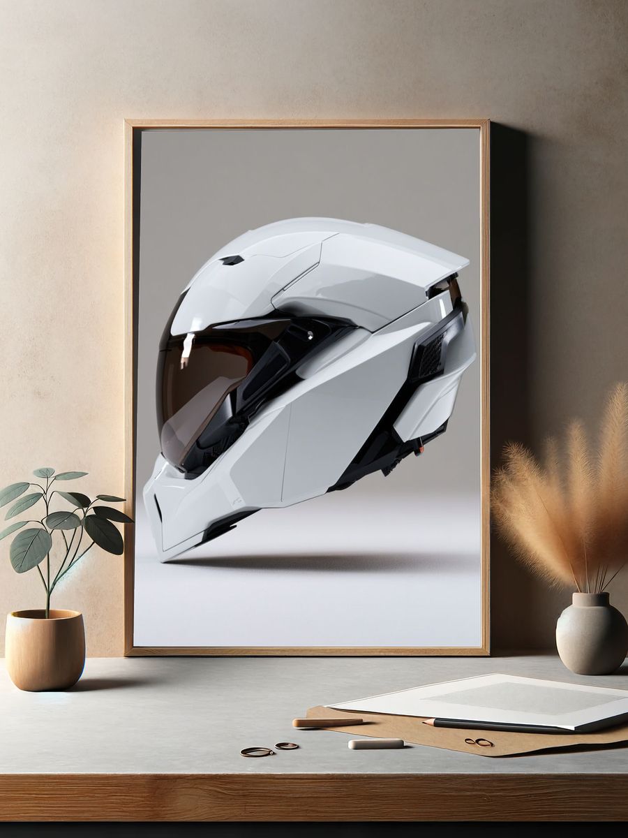 Futuristic Motorcycle Helmet Photography Poster. — room view 2