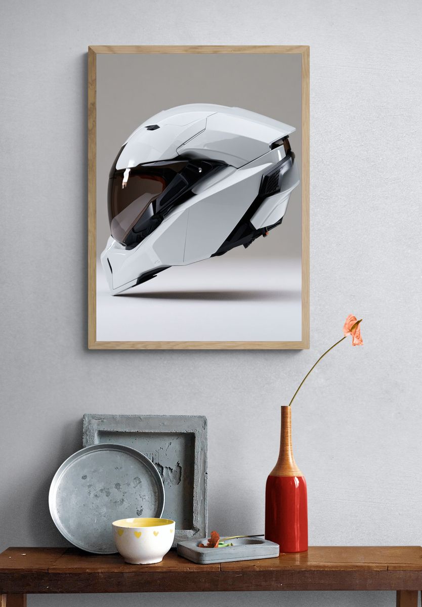 Futuristic Motorcycle Helmet Photography Poster. — room view 3