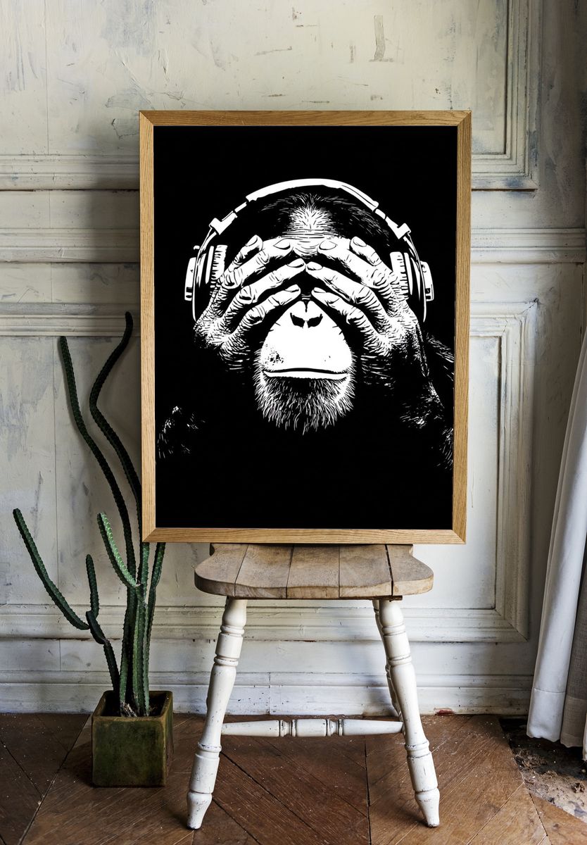 Monkey with Headphones — Illustration Print room preview