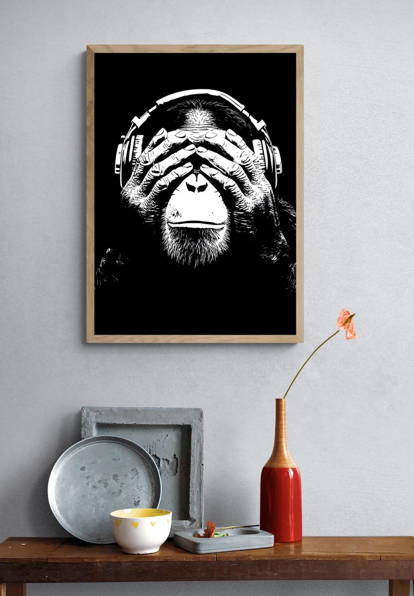 Monkey with Headphones — Illustration Print. — room view 3
