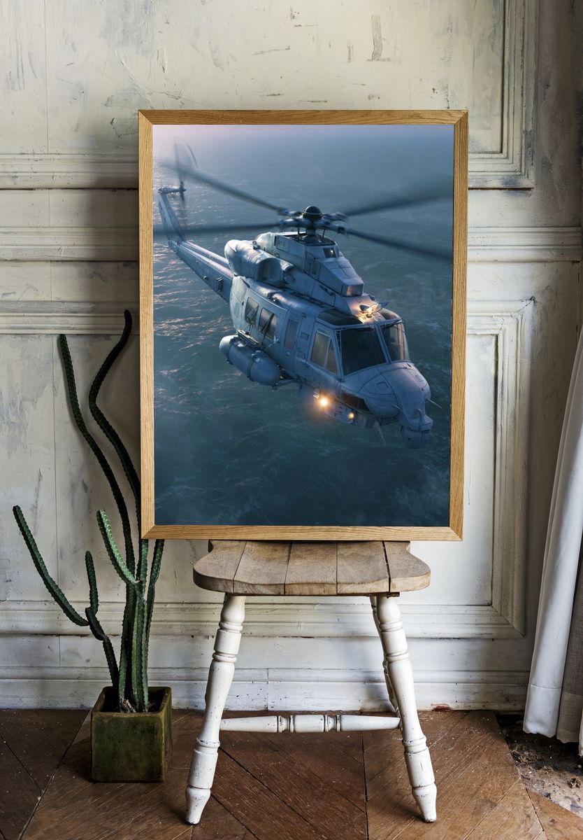 Military Helicopter Over Sea Print. — room view 1