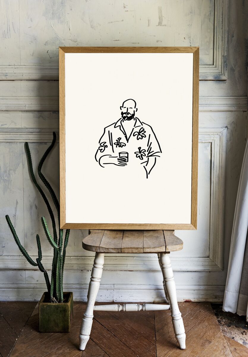 Stylish Man with Drink — Minimalist Print room preview