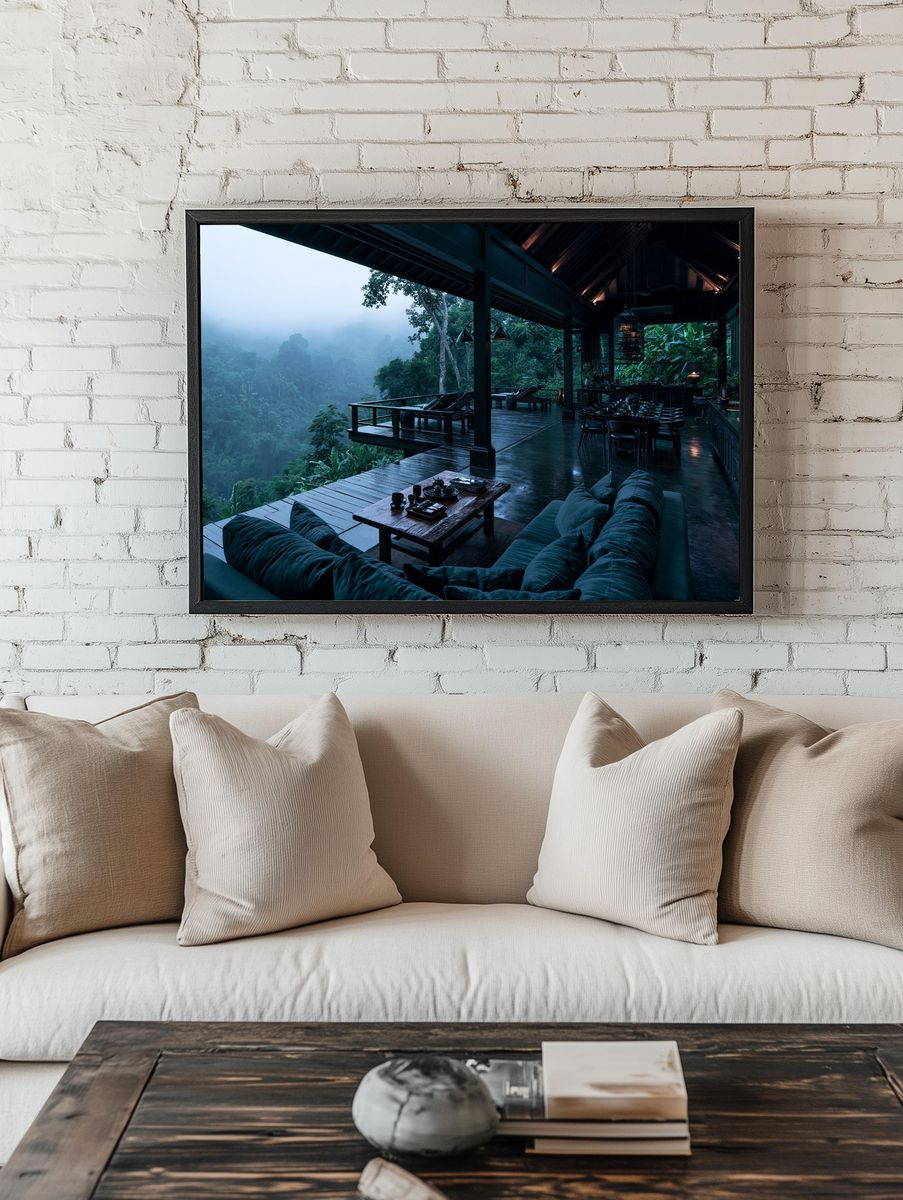 Misty Jungle Retreat Photography Poster. room preview
