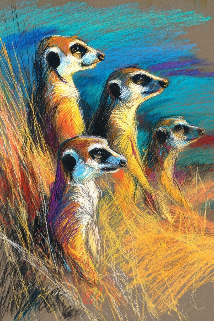 Meerkats in Colorful Landscape Poster. poster detail