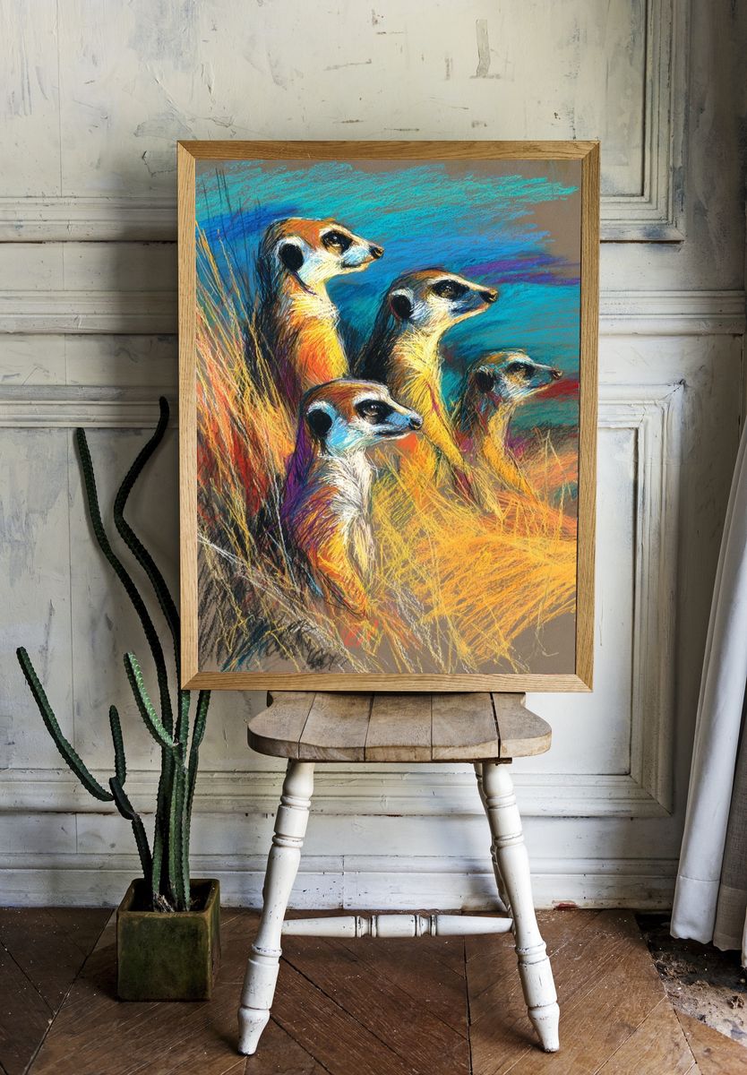 Meerkats in Colorful Landscape Poster. — room view 1