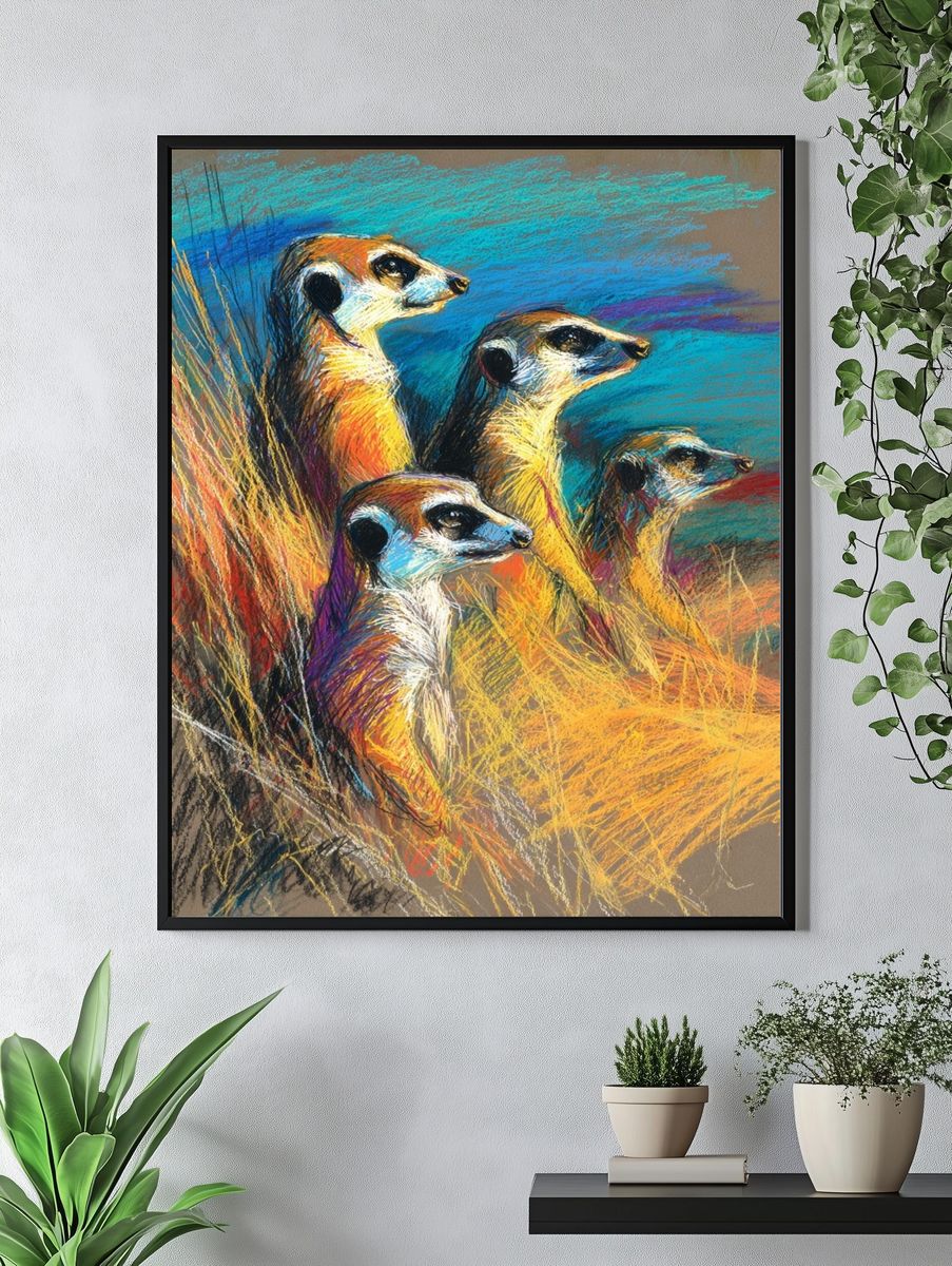 Meerkats in Colorful Landscape Poster. — room view 4