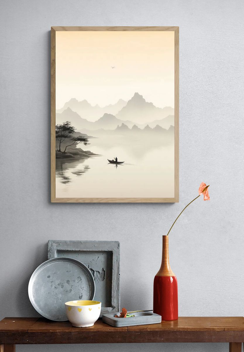 Serene Mountain Lake — Minimalist Print. — room view 3