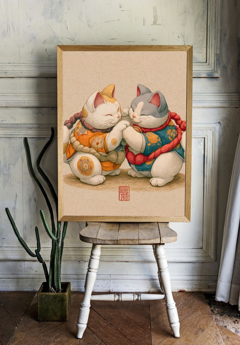 Maneki Neko Cats Illustration Poster. room preview