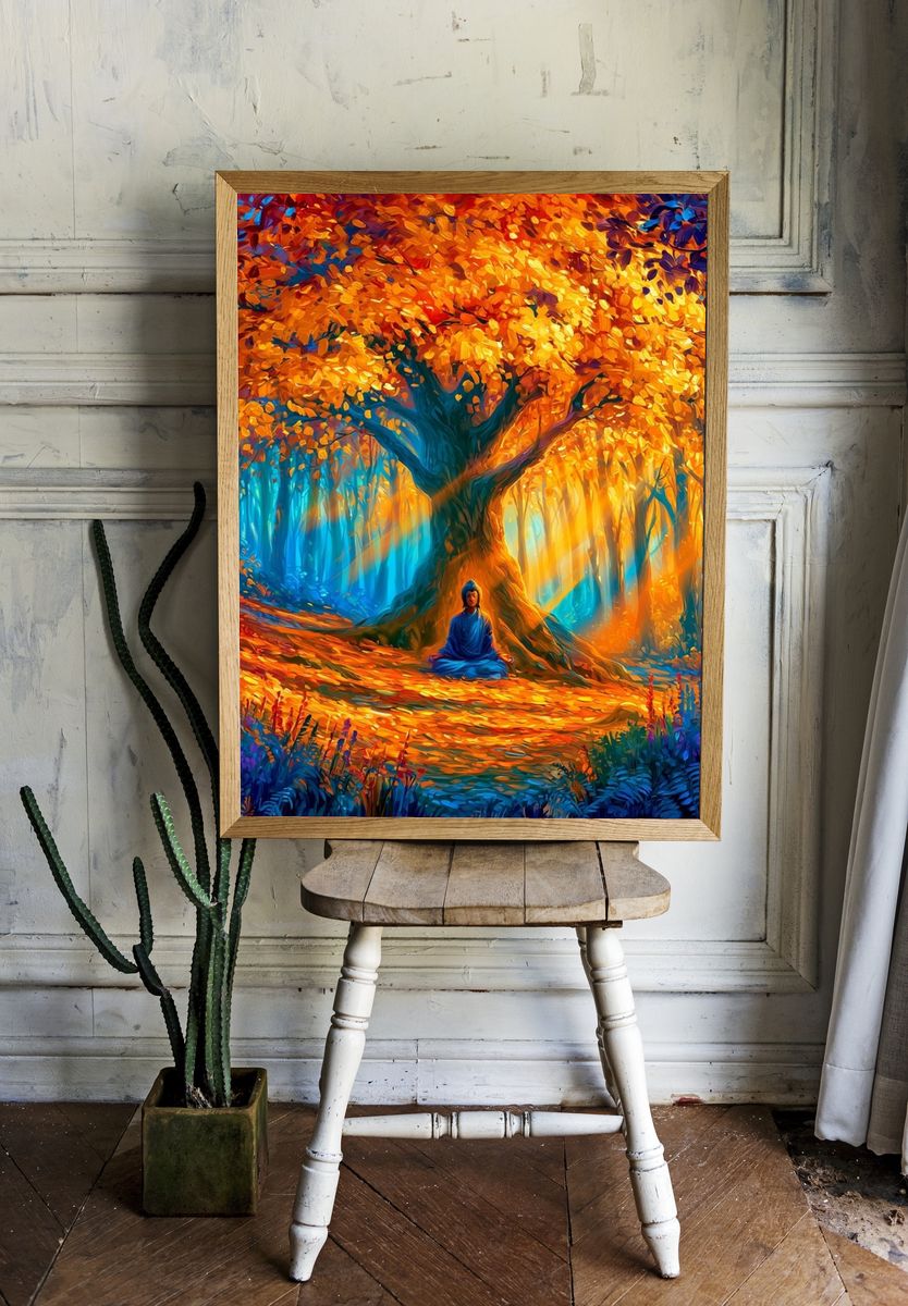 Meditation Under Autumn Tree Poster. — room view 1