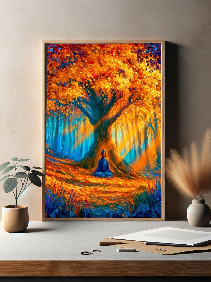 Meditation Under Autumn Tree Poster. — room view 2