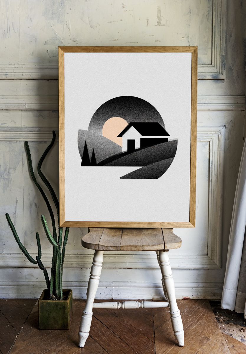 Minimal House Landscape Print. room preview