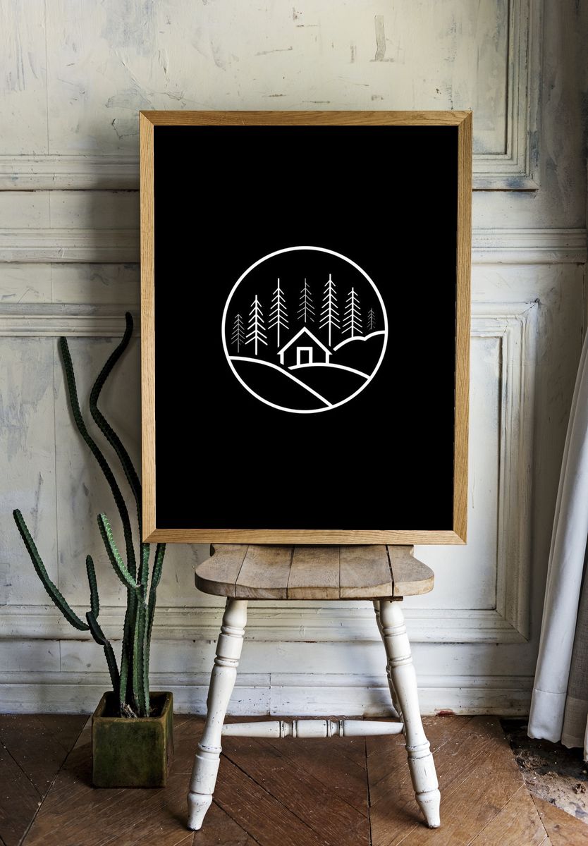 Minimal Forest Cabin Line Art Poster. — room view 1