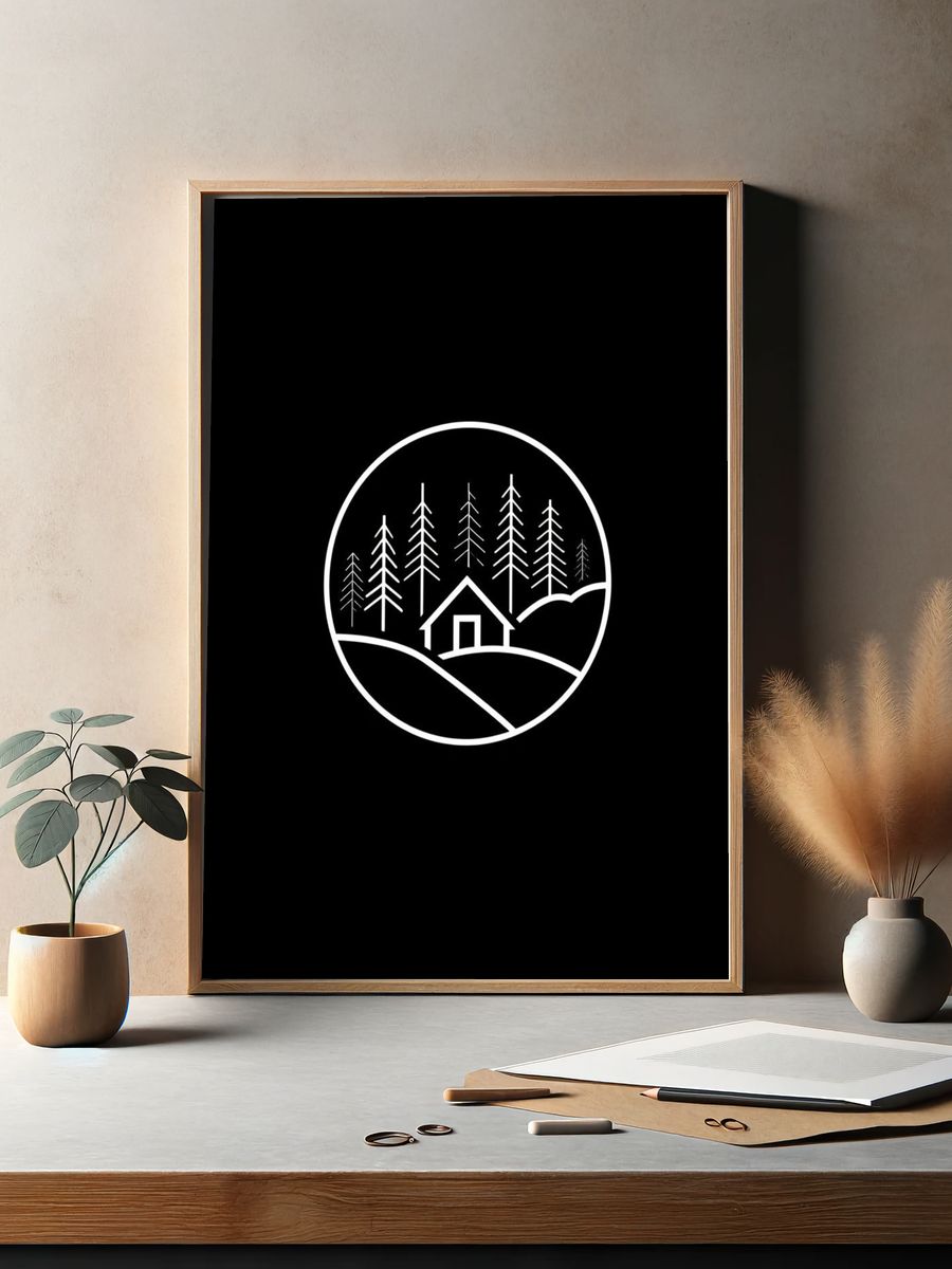 Minimal Forest Cabin Line Art Poster. — room view 2