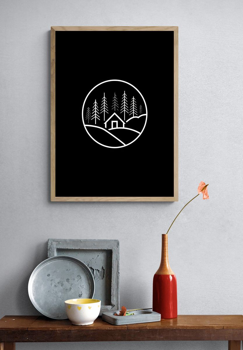 Minimal Forest Cabin Line Art Poster. — room view 3