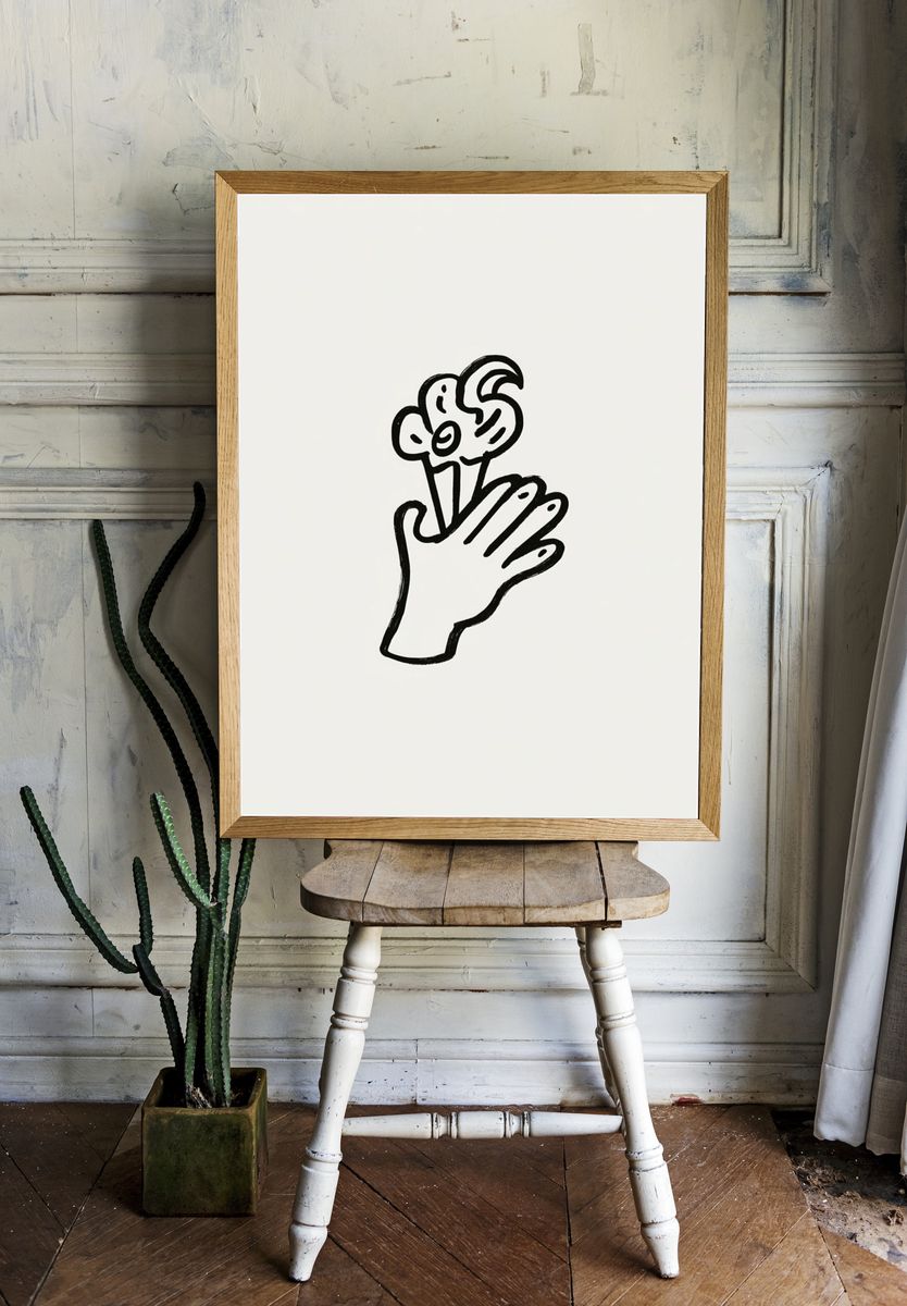 Hand Holding Flower Line-Art Poster. — room view 1