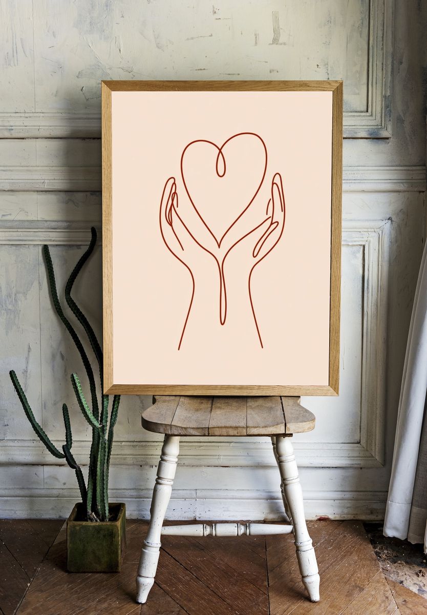 Hands Holding Heart Line Art Poster. — room view 1