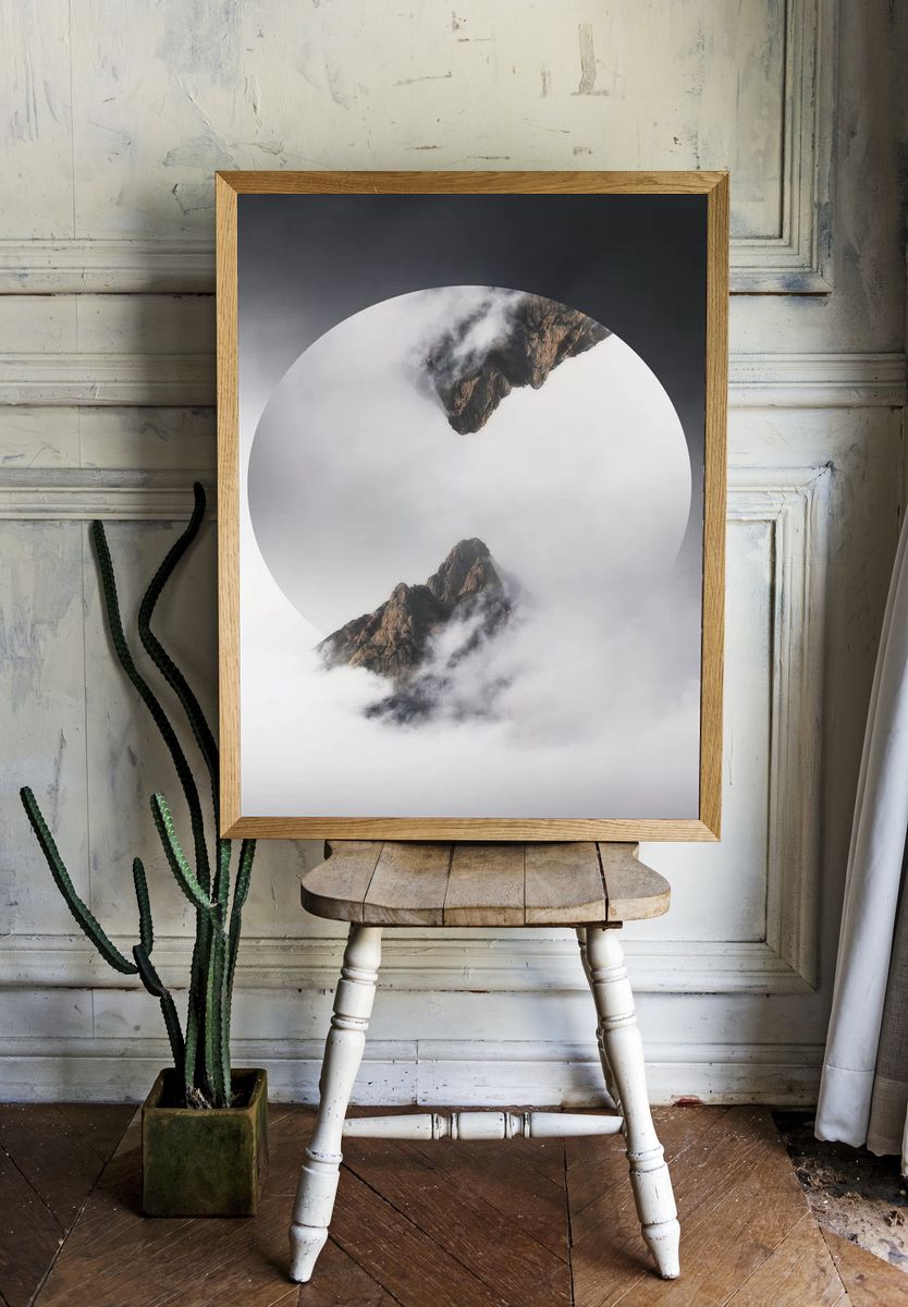 Mountain Peaks in Fog — Minimalist Print. — room view 1