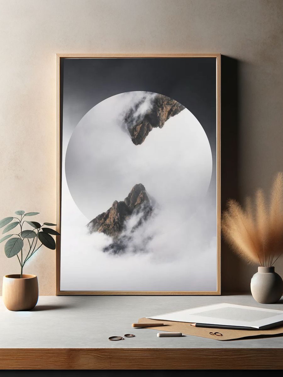 Mountain Peaks in Fog — Minimalist Print. — room view 2