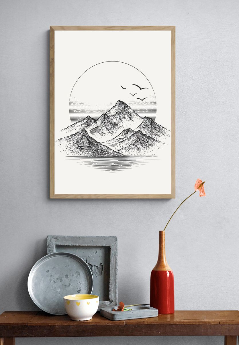Mountain Landscape Line Art Poster. — room view 3