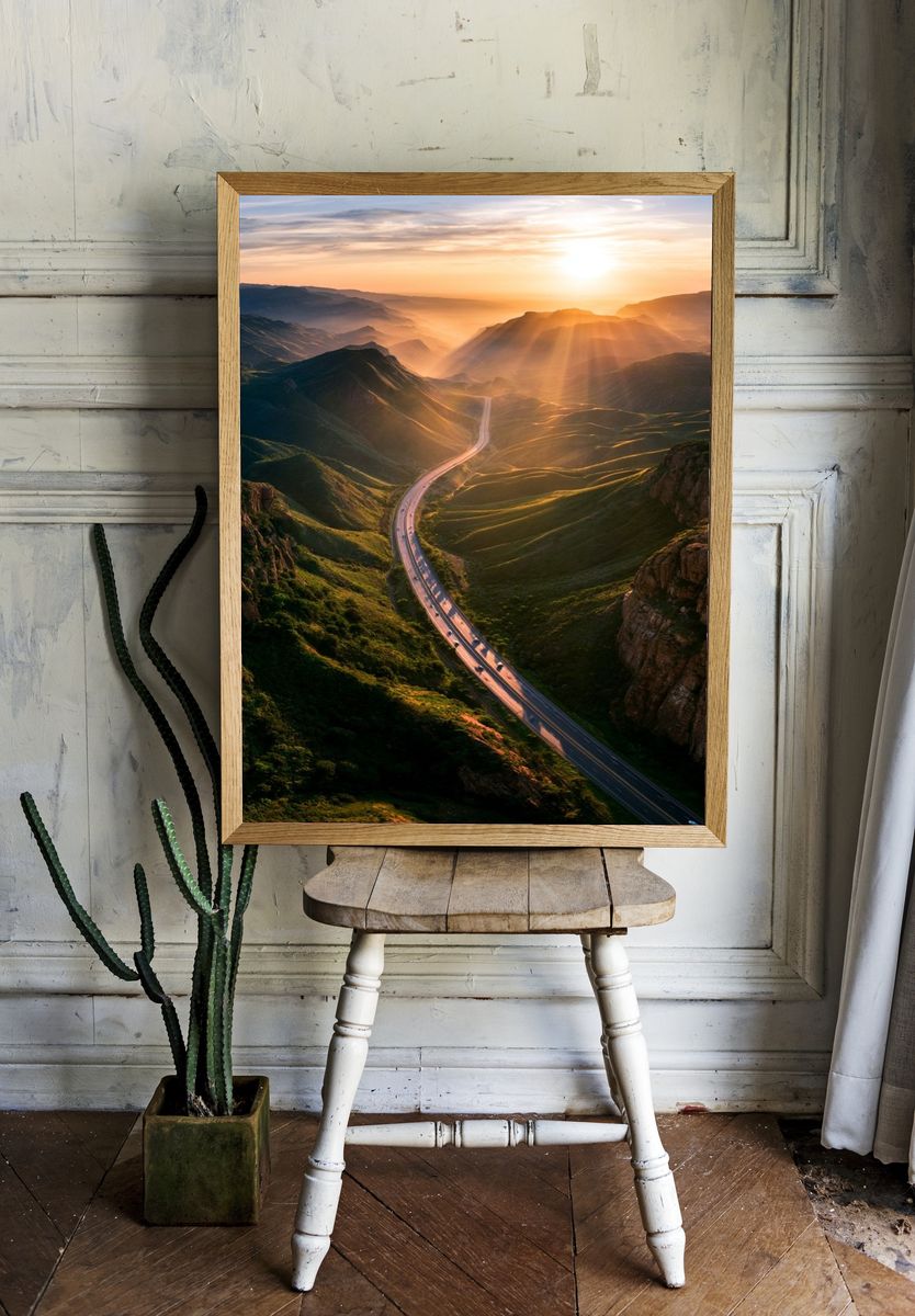 Sunrise Mountain Road Photography Poster. — room view 1