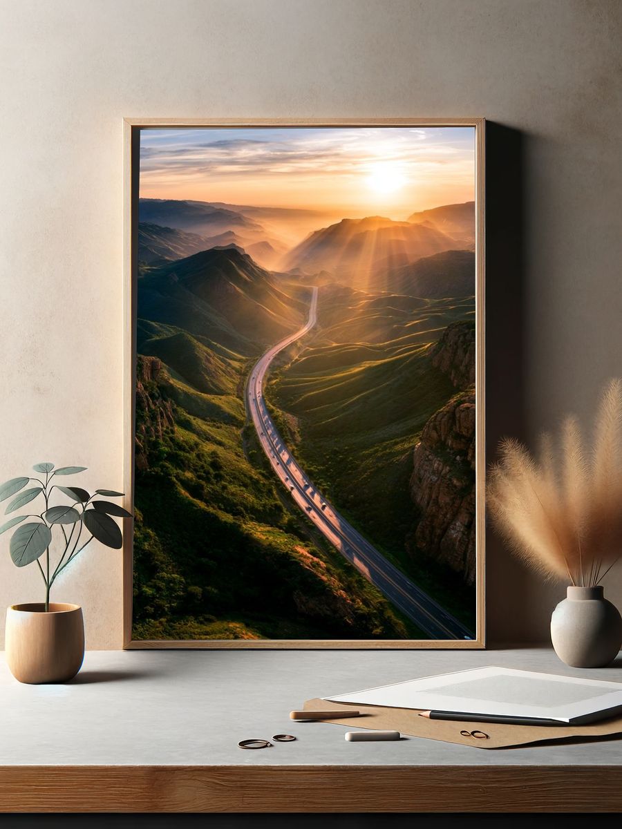 Sunrise Mountain Road Photography Poster. — room view 2