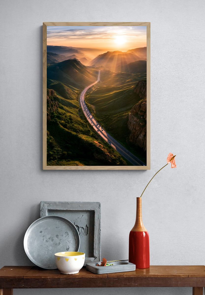 Sunrise Mountain Road Photography Poster. — room view 3