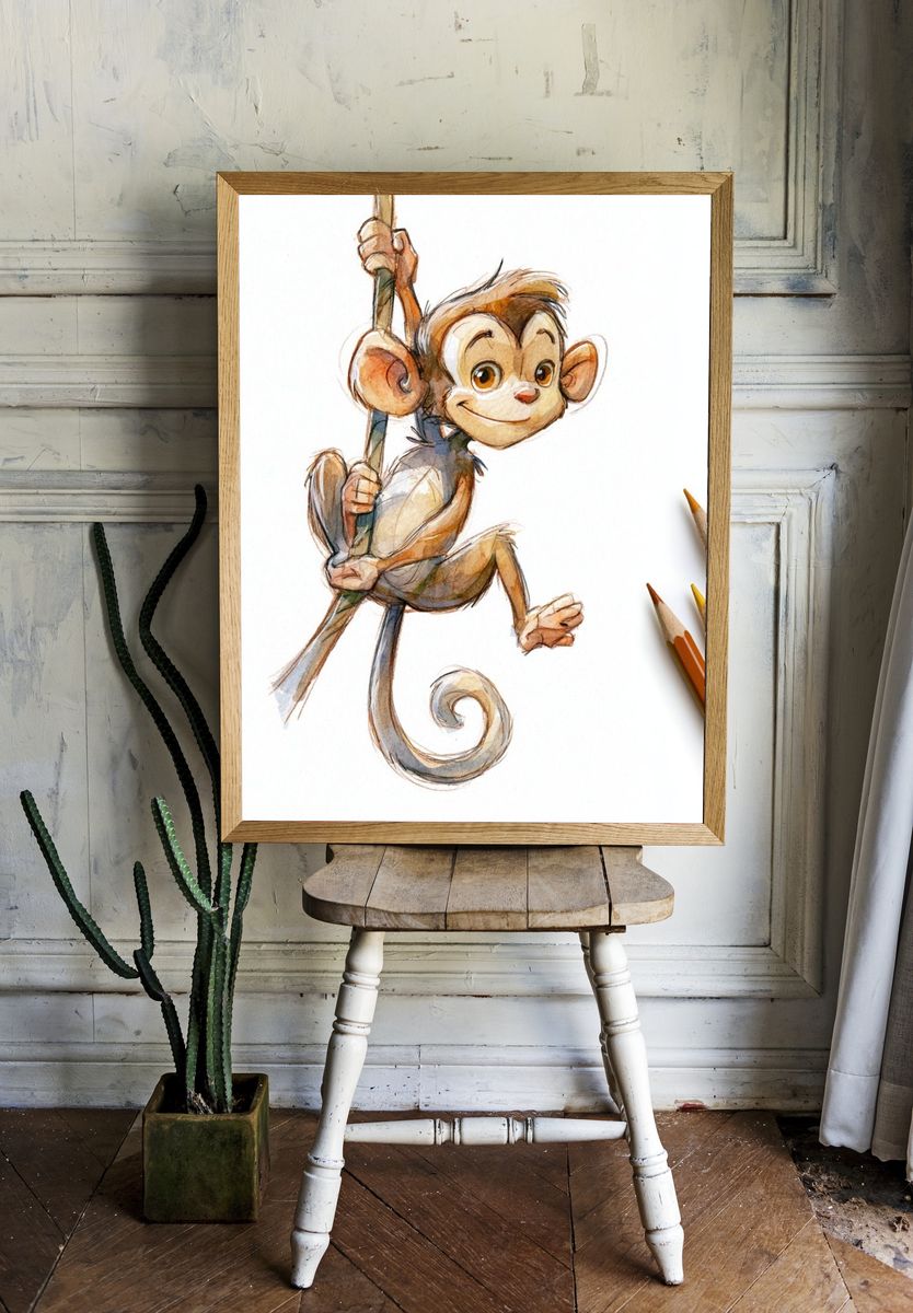 Playful Monkey Watercolor Poster. — room view 1