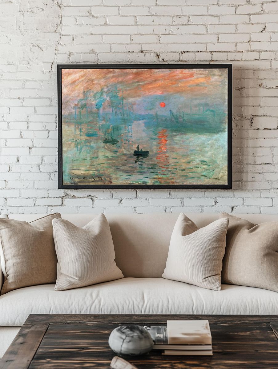 Claude Monet's Impression, Sunrise (1872) famous painting — Art Print room preview