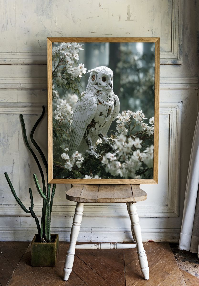 Mechanical Owl in Bloom — Digital Art Print room preview