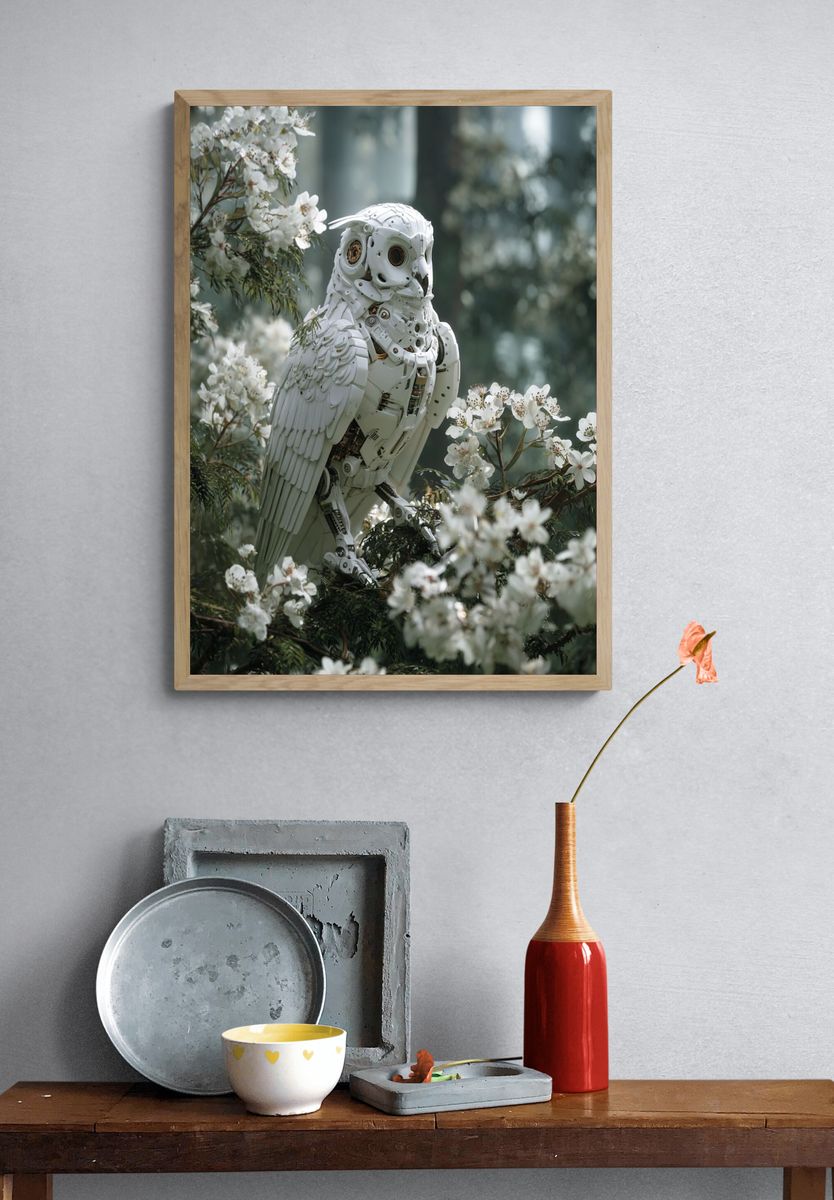 Mechanical Owl in Bloom — Digital Art Print. — room view 3