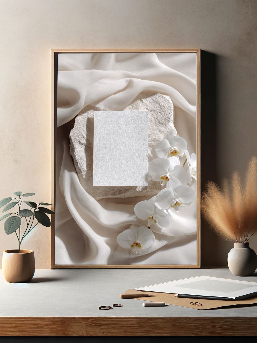 White Orchid and Stone — Minimalist Print. — room view 2