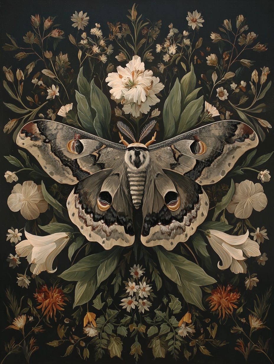 Moth and Floral Botanical Print. poster detail