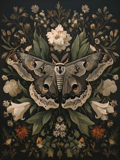Moth and Floral Botanical Print. poster
