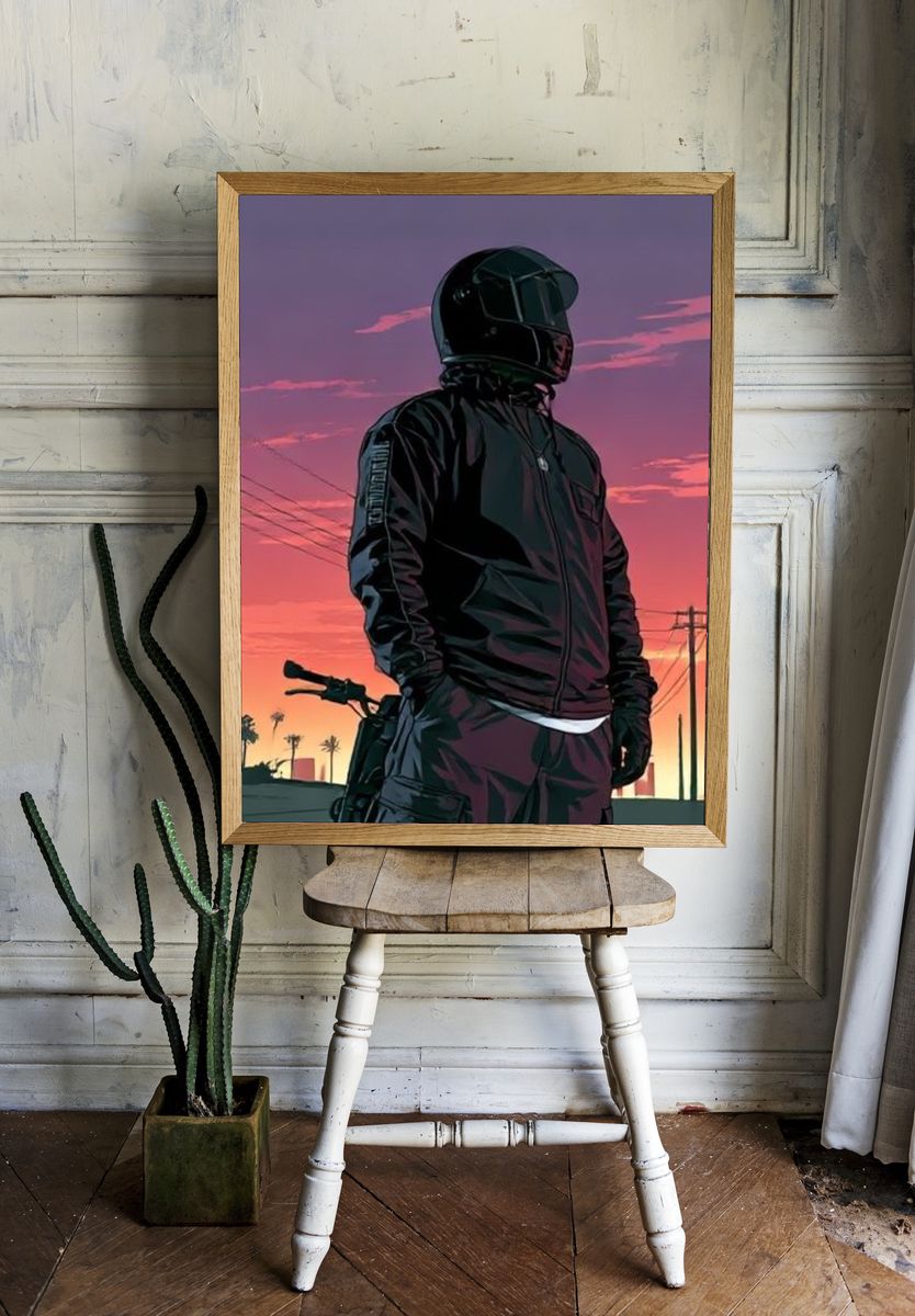 Motorcyclist Sunset Illustration Poster. room preview
