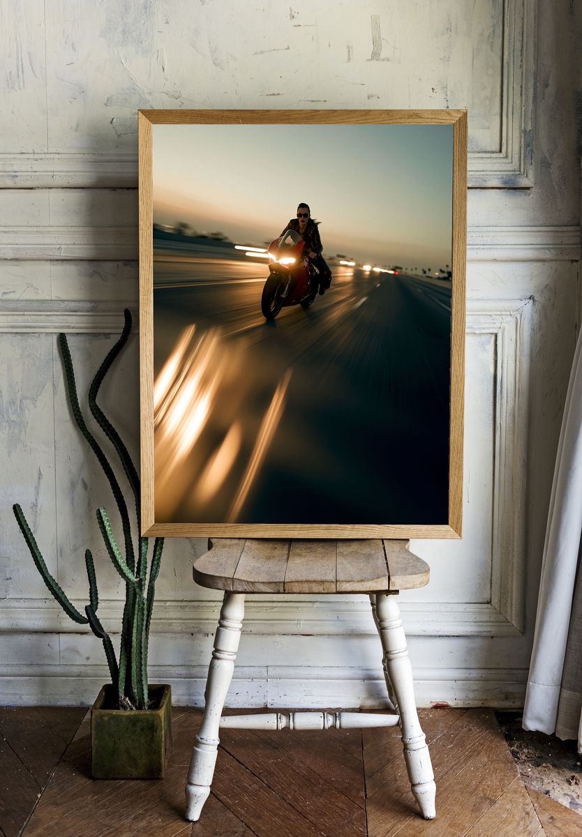 Motorcycle Rider at Sunset Photography Poster. room preview