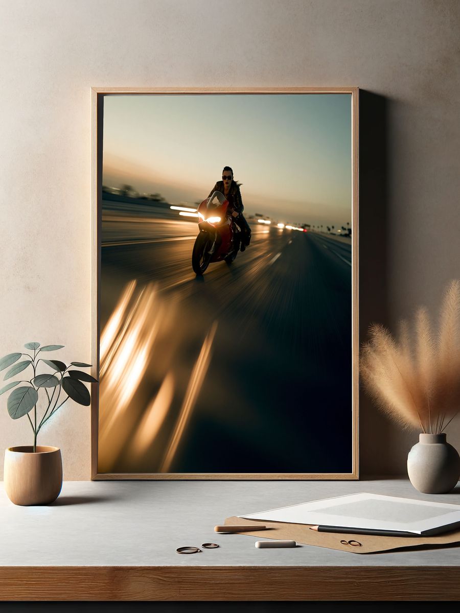 Motorcycle Rider at Sunset Photography Poster. — room view 2