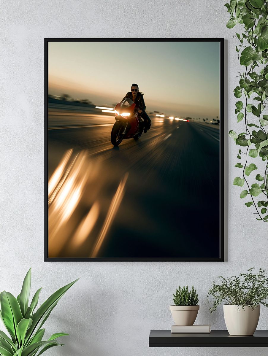 Motorcycle Rider at Sunset Photography Poster. — room view 4