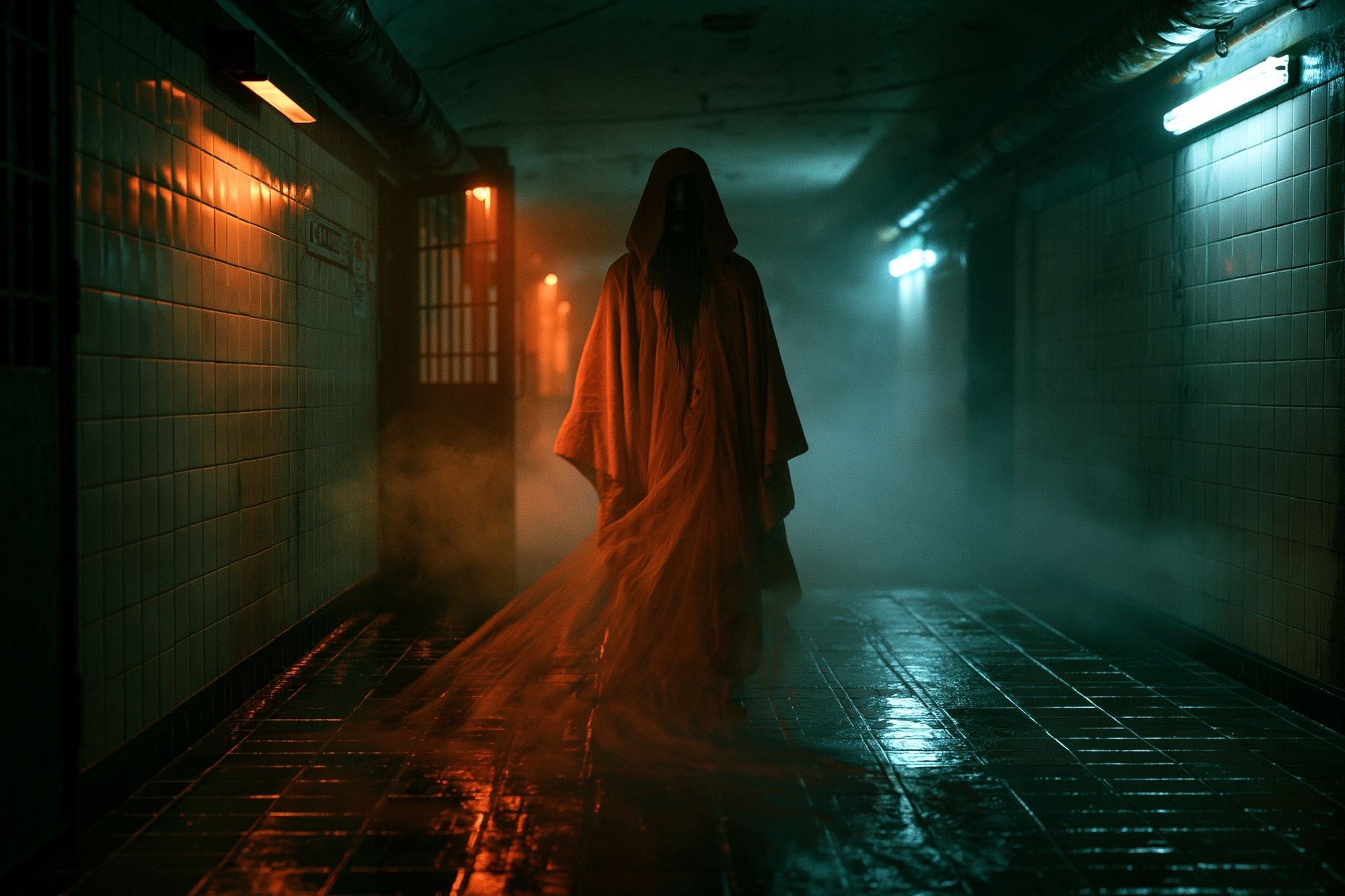 Hooded Figure in Neon Corridor Poster. poster detail
