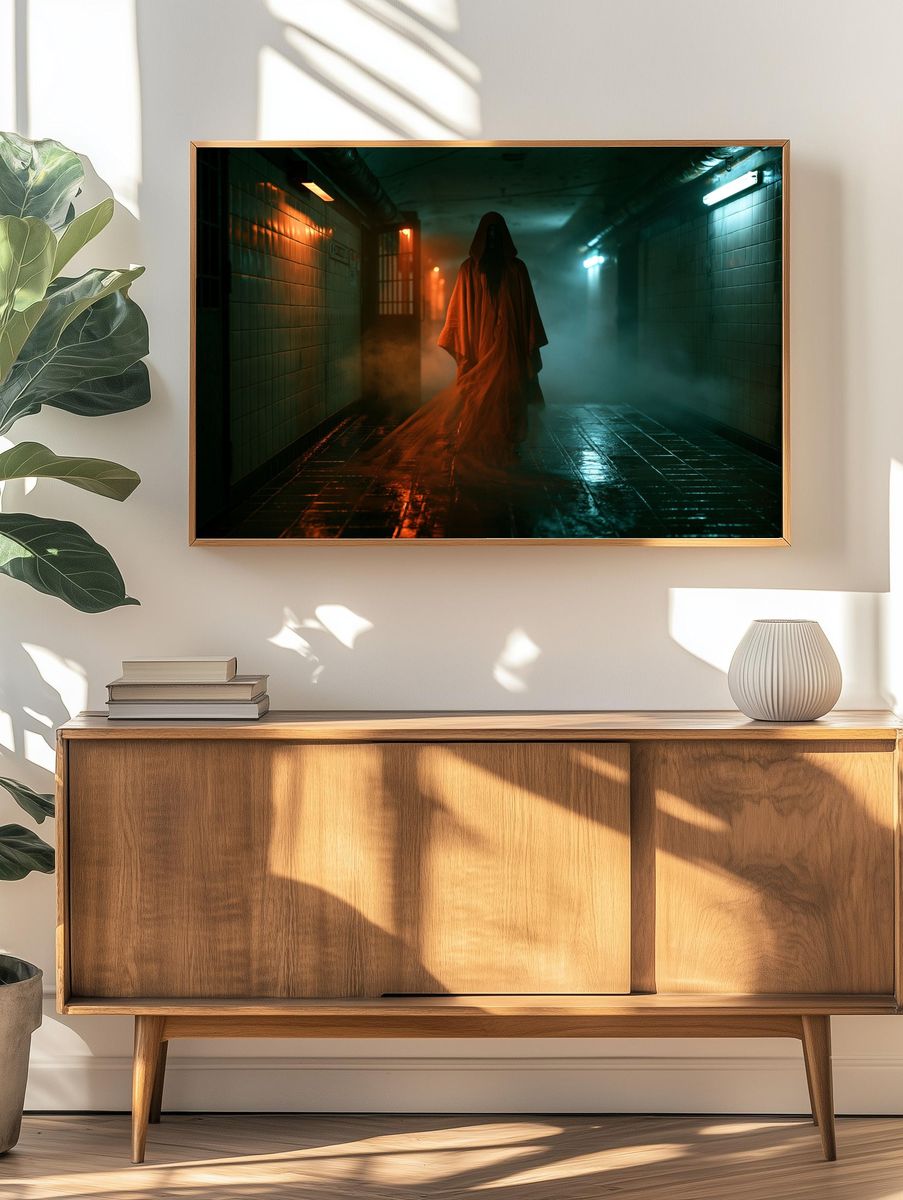 Hooded Figure in Neon Corridor Poster. — room view 3